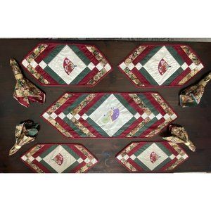 Embroidered Quilted Table Runner. Placemat Napkins Rings Oriental Handmade 17 pc